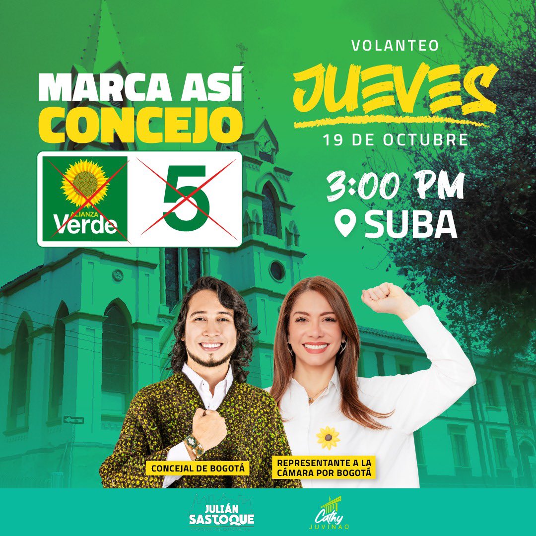 CathyJuvinao's tweet photo. ¡Este 29 de octubre yo voto #VERDE5🌻 al Concejo de Bogotá! Con los resultados y compromiso de @ElJuliSastoque estoy segura de que será nuevamente el mejor concejal con más proyectos aprobados. Hoy en Suba contaremos los logros y propuestas para seguir transformando Bogotá✅ https://t.co/EFe72gQQD4