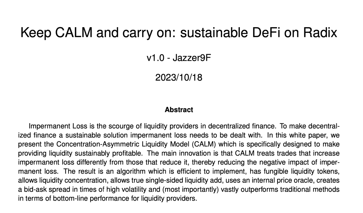 We're proud to present the DefiPlaza Radix white paper:

Keep CALM and carry on: sustainable DeFi on Radix by <a href="/Jazzer9F/">Jazzer9F</a>

docs.defiplaza.net/defiplaza/intr…

A TLDR; thread 🧵 on how DefiPlaza's algorithm will reduce the Impermanent Loss risk of providing liquidity