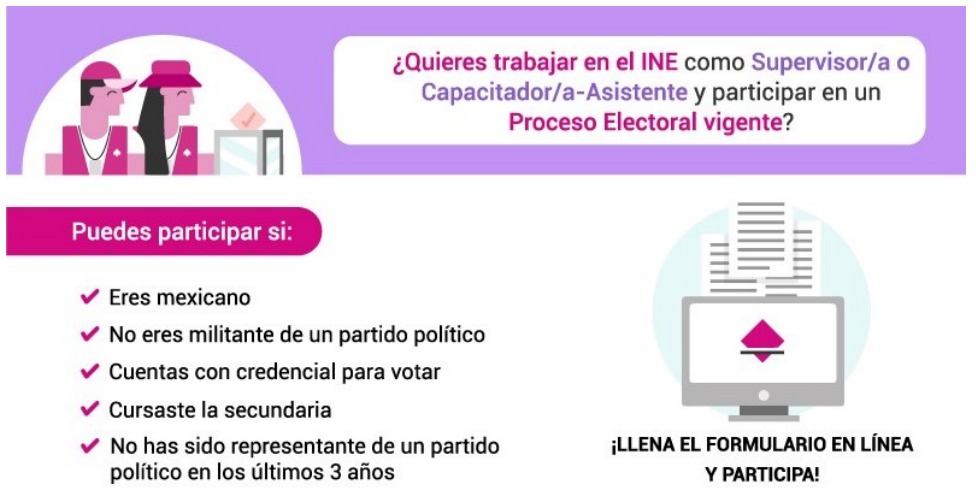 H_SALAZARM's tweet photo. ¡Trabaja en el INE como Supervisor/a Electoral o como Capacitador/a-Asistente Electoral! 🗳️💼 ¡Regístrate ahora mismo! 👉🔗 https://t.co/byYPwjTAso https://t.co/0RIKeqDy0P