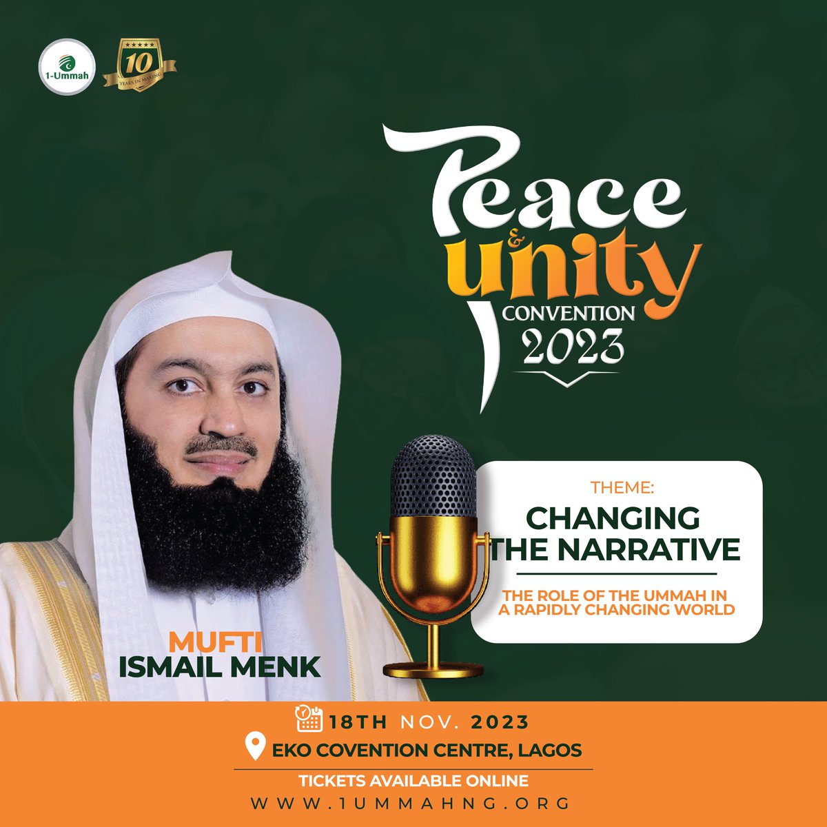 Meet our Speakers!
<a href="/muftimenk/">Mufti Menk</a> is a renowned Islamic scholar and motivational speaker from Zimbabwe.  A beloved figure in the global Muslim community, and he will be at the 1-Ummah #PUC2023 in Lagos and Abuja in sha Allah
 
#1Ummah #PeaceandUnityConvention
