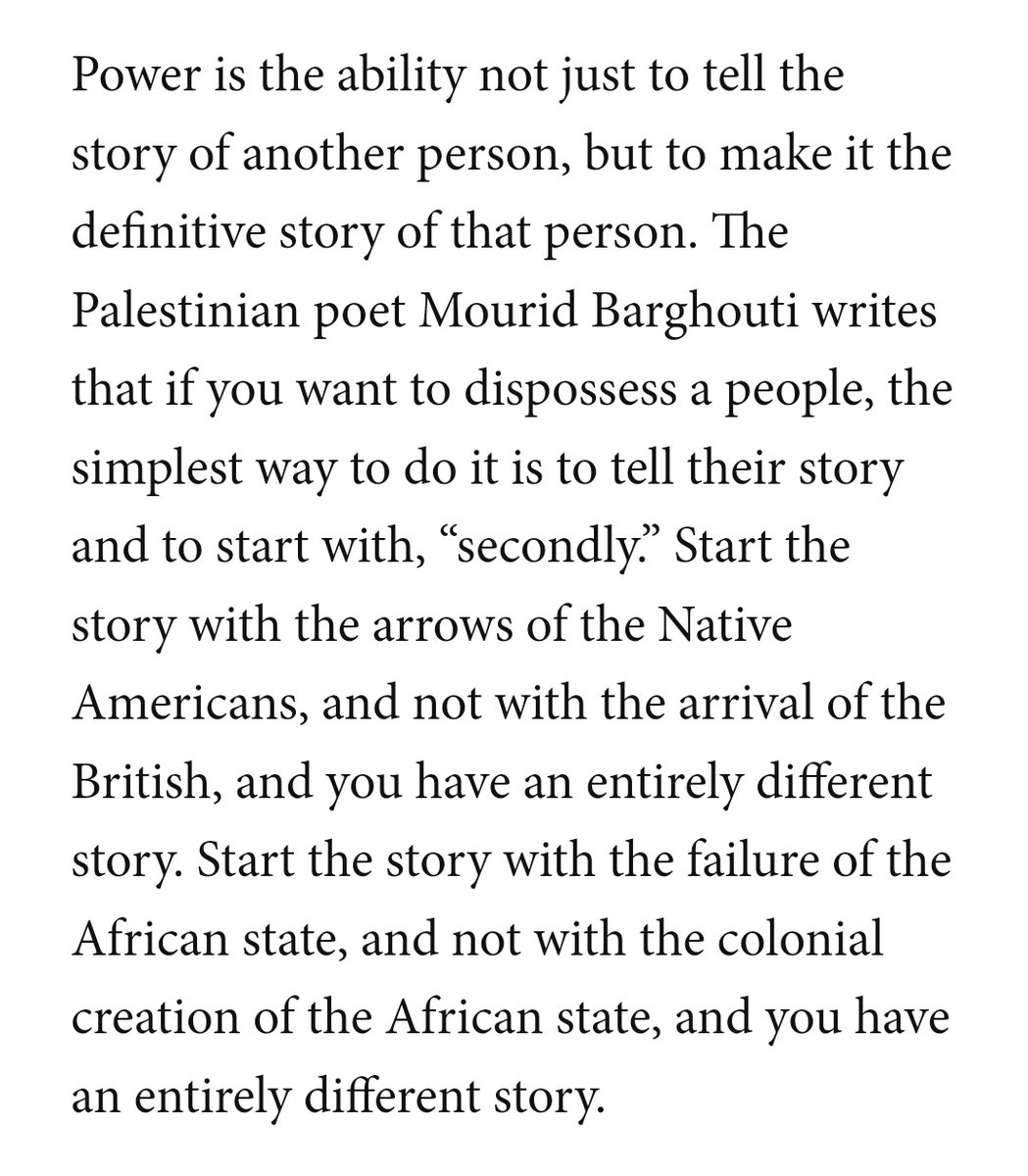 This excerpt from the widely lauded speech by @ChimamandaReal on 'The Danger of a Single Story' is so apt to the current situation in Israel & Palestine -start the story with the Hamas attack and not in 1948 and you have an entirely different story... #Gaza