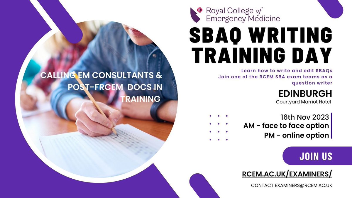 If you’re an EM consultant or post-FRCEM doctor in training and are interested in getting involved in RCEM exams, come along to our training day and then join one of the SBA groups - Primary, MRCEM or FRCEM. Great for CPD, networking and supporting your local trainees.