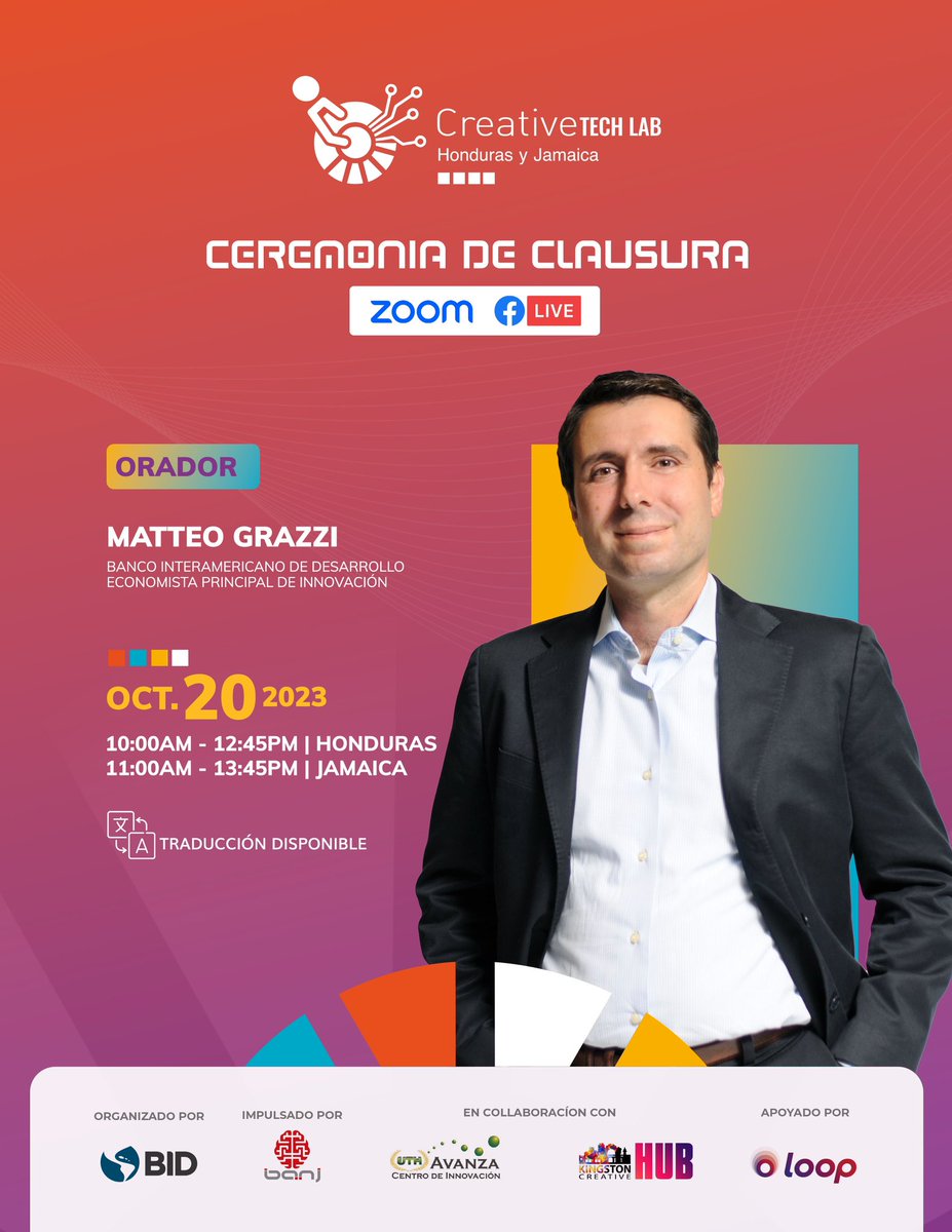 Nos complace anunciar que Matteo Grazzi, Economista Principal de Innovación del <a href="/el_BID/">Banco Interamericano de Desarrollo</a>, hablará en la ceremonia de clausura del <a href="/CreativeTLab/">Creative Tech Lab</a> Jamaica y Honduras este viernes 20 de octubre.
Únase a nosotros en: bit.ly/Leveraging_tec…