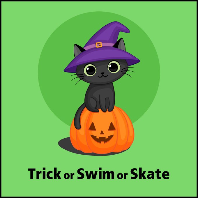 Illustration of a black cat wearing a witch’s hat sitting on top of a smiling jack-o-lantern. “Trick or swim or skate” is written underneath.