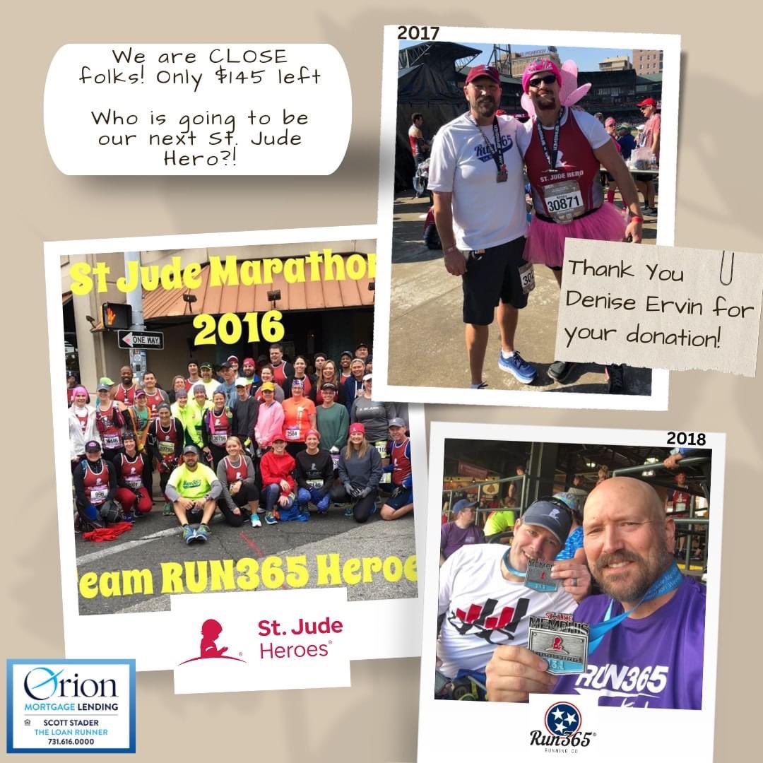 Join me in my quest to raise money for <a href="/StJude/">St. Jude</a> ! I’m running the #SJMarathon again soon and only need $145 left to finish my fundraising! Link in my bio! #stjudemarathon #stjude #stadertheloanrunner #teamrun365 #stjudeheroes