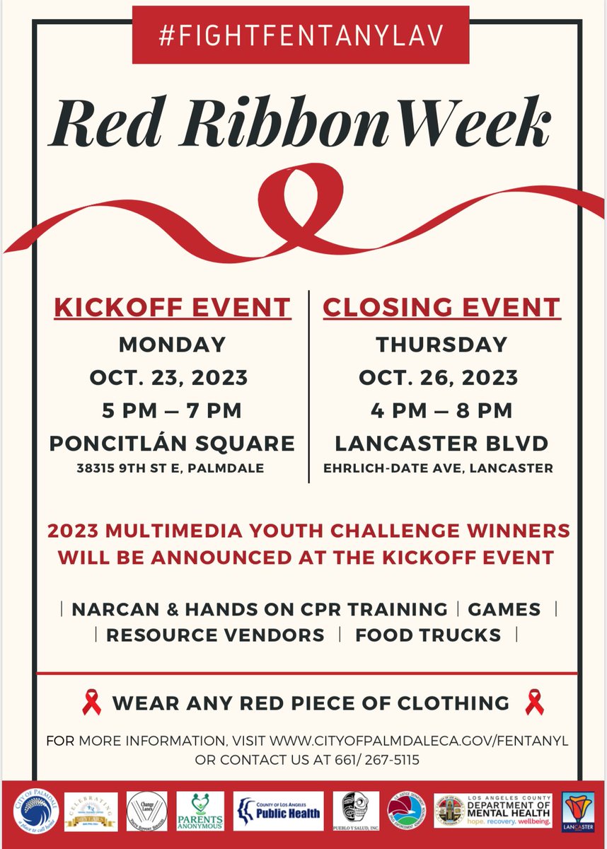 Next week is the start of Red Ribbon Week! ❣️

Come join us for BOTH events to get Narcan &amp; Hands on CPR training, information from resource vendors, play fun games and eat at our tasty food trucks! 

We hope to see you there WEARING RED! ❤️

#FightFentanylAV