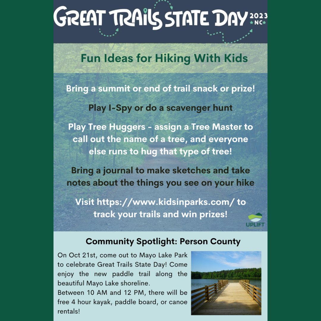 Take your kids outside this Saturday, Oct 21st, for Great Trails State Day! There are so many ways to get kids excited and interested in hiking and being outdoors. 

#greattrailsstateday #yearofthetrail #hikenc #hikingwithkids #mayolakepark
