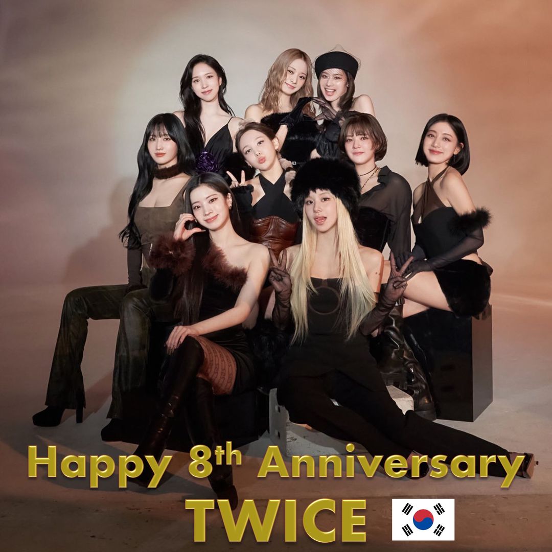 WORLDMUSICAWARD's tweet photo. Happy 8th Anniversary to the amazing chart-topping, record-breaking, history-making Global Icons, TWICE, who have sold over 15 Million Albums in Korea and Japan alone, and are the top certified Girl Group on Circle Korea and Oricon Japan. #Twice became the first Korean girl group to earn a platinum certification from the Recording Industry Association of Japan (RIAJ) for both an album and CD single in the same year (2017) and is also the first female Korean act to simultaneously top both Billboard's World Albums and World Digital Song Sales charts with their first studio album #Twicetagram and its lead single #Likey the same year! Their first official English-language single, #TheFeels, became their first song to enter the US Billboard Hot 100 and the UK Singles Chart, peaking at the #83 and #80 on both charts, respectively. Their accolades include 18 MAMA Awards, 12 Golden Disc Awards, 9 Japan Golden Disc Awards, 9 Asia Artist Awards, 7 Circle Chart Awards, 7 Seoul music Awards, 5 Melon Music Awards, 5 Genie Awards, 4 Fact Music Awards and a Billboard Women In Music Award!👏8️⃣🎂🔥🐐👑👑👑👑👑👑👑👑👑❤️
@JYPETWICE 
#TWICE_8TH_ANNIVERSARY