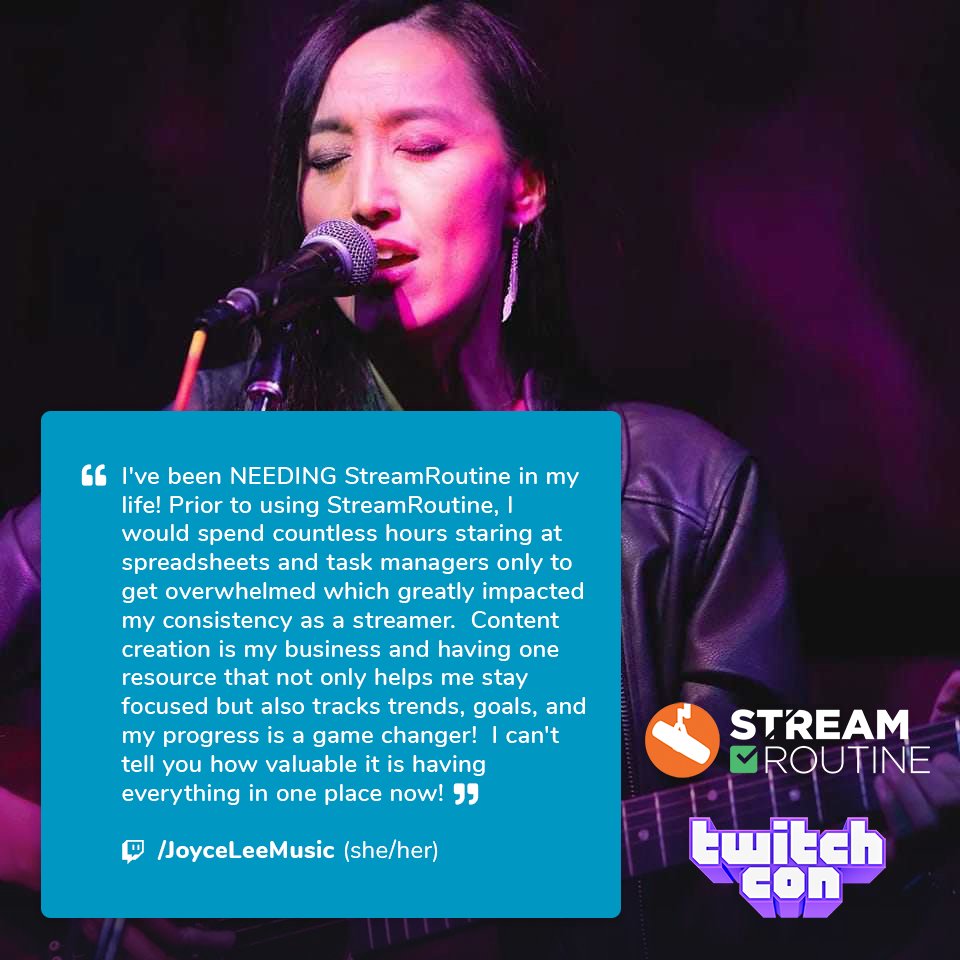 StreamRoutine's tweet image. . @JoyceLeeMusic was one of the first people we showed an early prototype of StreamRoutine to, and her early thoughts &amp;amp; feedback were crucial to the way that StreamRoutine ended up taking shape.

We're very happy to have Joyce join us this weekend!

#StreamRoutine #TwitchCon