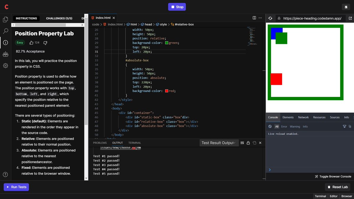 KhadseAtharv's tweet photo. Day 9/100 , Today, I have practiced  the position property in CSS (static, relative, absolute and fixed).

Position property is used to define how an element is positioned on the page.
 #100daysoffrontend on @codedamncom

#FrontEndDeveloper  #tags  #100daysofcodechallenge https://t.co/AAheijEscB