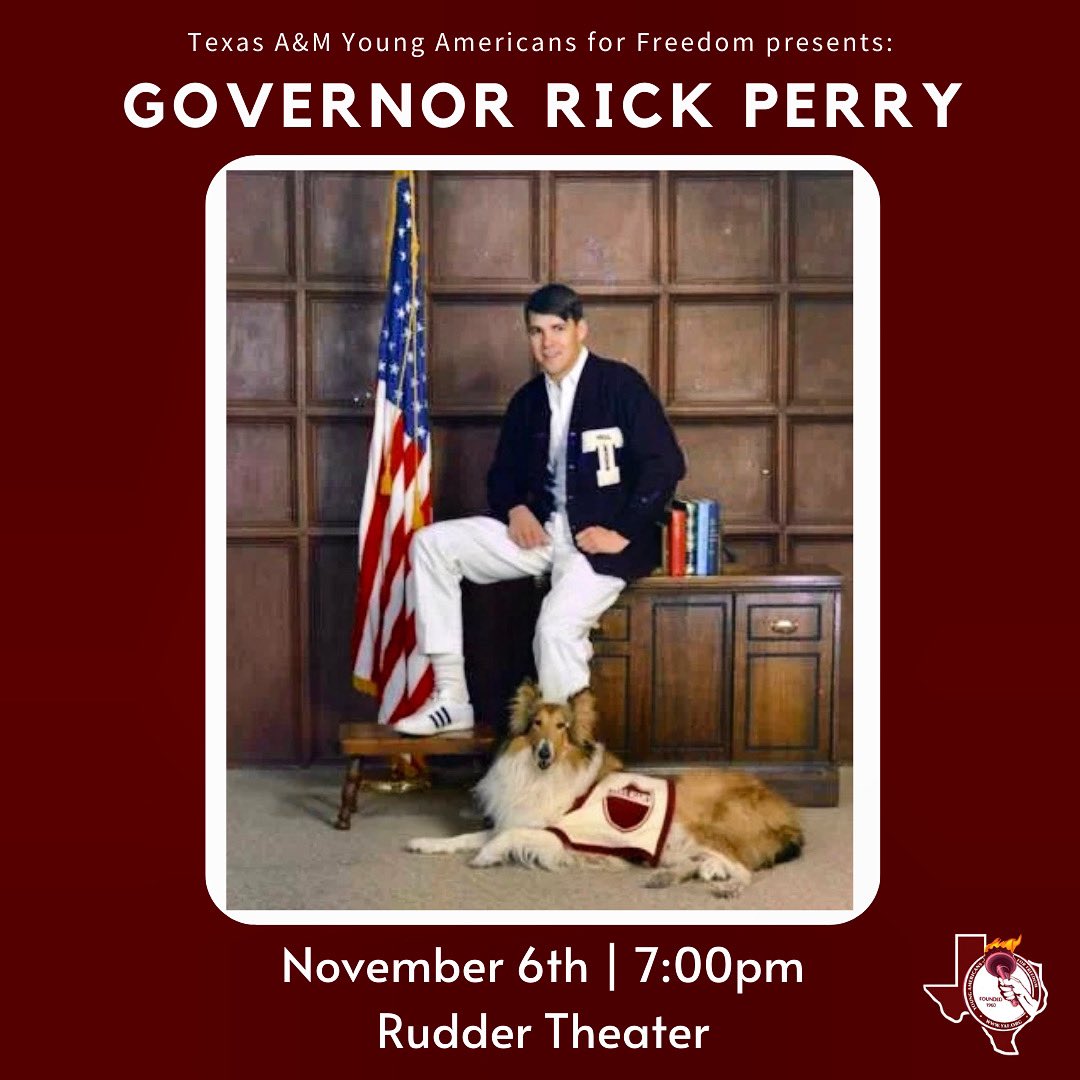 tamuyaf's tweet photo. The former Texas A&amp;M Yell Leader and Governor of Texas will be speaking on November 6th at 7:00 PM in the Rudder Theatre!

This is a must-attend event for all Aggies! FREE tickets are available in the link in our bio.
#TAMUYAF  #RickPerry #Aggies #YellLeader https://t.co/GfePefjtcs