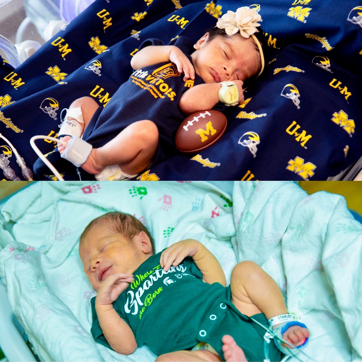 MottChildren's tweet image. 🏈 💙💚#GoBlue or #GoGreen? The tiniest fans @MottChildren and @SparrowHealth are ready for the BIG @UMichFootball vs. @MSU_Football game. No matter who you’re rooting for this weekend, we’re all rooting for a healthier Michigan.