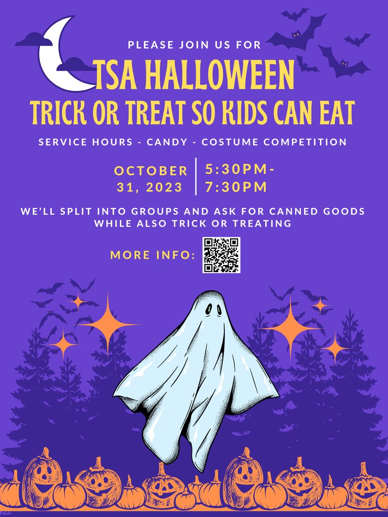 Join <a href="/kcaltsa/">kcaltsa</a> for a fun Halloween service project! Go trick or treating and also collect canned goods. Scan the QR code for more info! 

#kcal #kellercenterforadvancedlearning #CTEinKISD #theKCALconnection