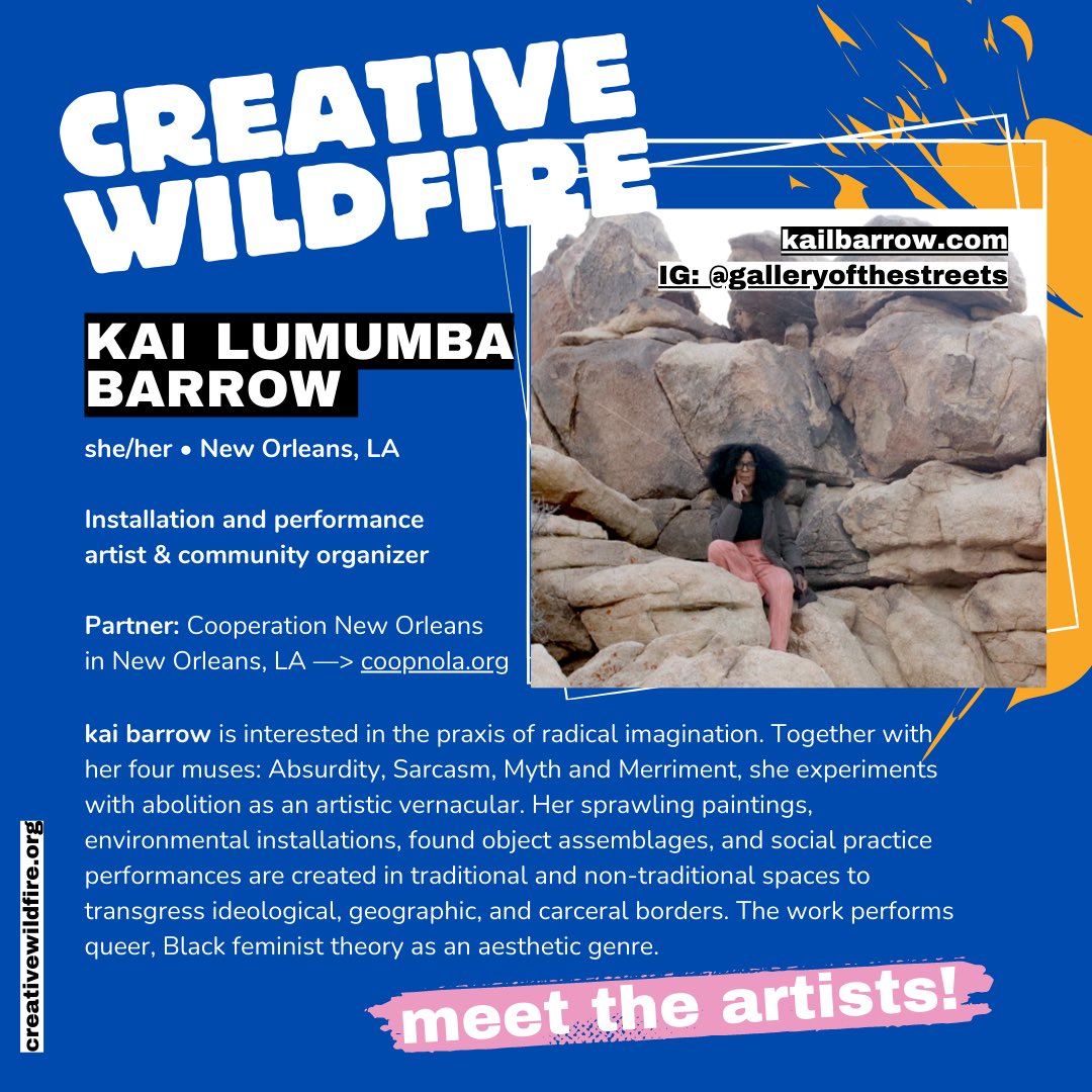 CJAOurPower's tweet photo. .@MoveGen, @NewEconomics &amp; CJA are leading #CreativeWildfire to support collaborations between artists &amp; frontline organizations.

Meet kai lumumba barrow, a visual and performance artist based in New Orleans: https://t.co/MYe9rIF74R.
kai is partnered with Corporation New Orleans https://t.co/3yopqztEI5