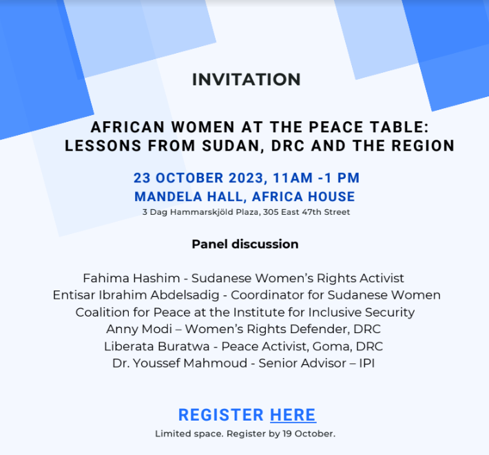 ⚠️Registrations still open! Looking forward to a great line-up of speakers at "African Women at the Peace Table: Lessons from Sudan, DRC and the region" happening Monday Oct 23 in NY at 11AM. Our ED, <a href="/TPaffenholz/">Thania Paffenholz</a> is moderating 🙏🏾 ⬇️  #WPS #October1325 
 
docs.google.com/forms/d/e/1FAI…
