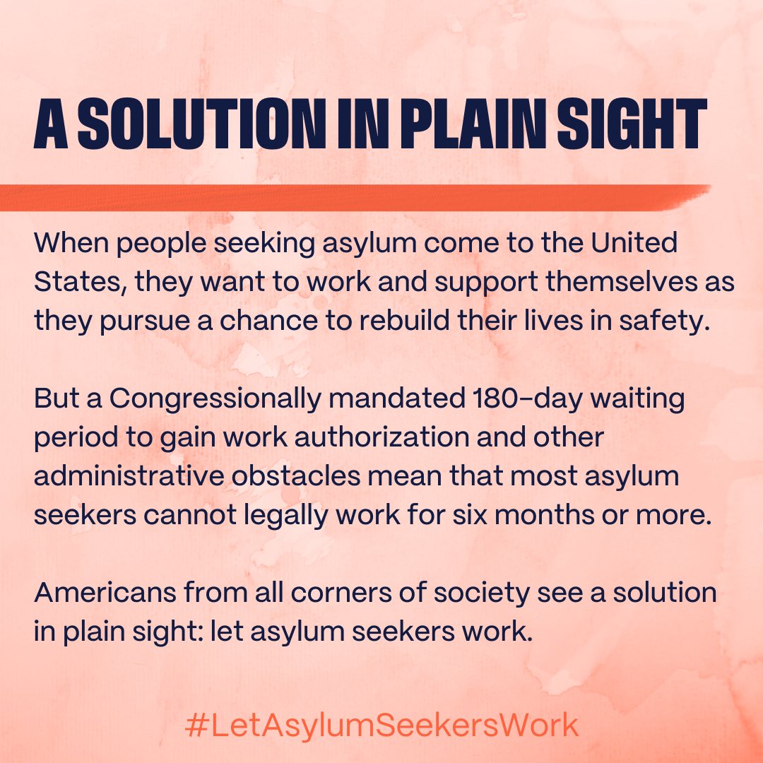 📣When people seeking asylum can work, everyone wins.

But most asylum seekers are forced to wait 6+ months for a work permit. Americans see a solution in plain sight: #LetAsylumSeekersWork.