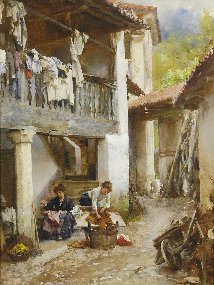 HENRY WOODS Pintor Británico 1846-1921 'Lavanderas en un Patio Alpino' - 1909 .