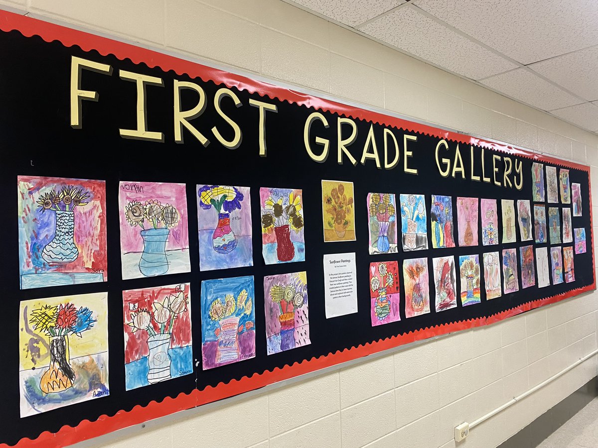 First graders <a href="/D45Stevenson/">Stevenson School</a> worked so hard on these beautiful sunflower paintings!  Students learned about Vincent Van Gogh and created their own vase with sunflowers.  We talked about different lines artists use while drawing and how to blend with paints.