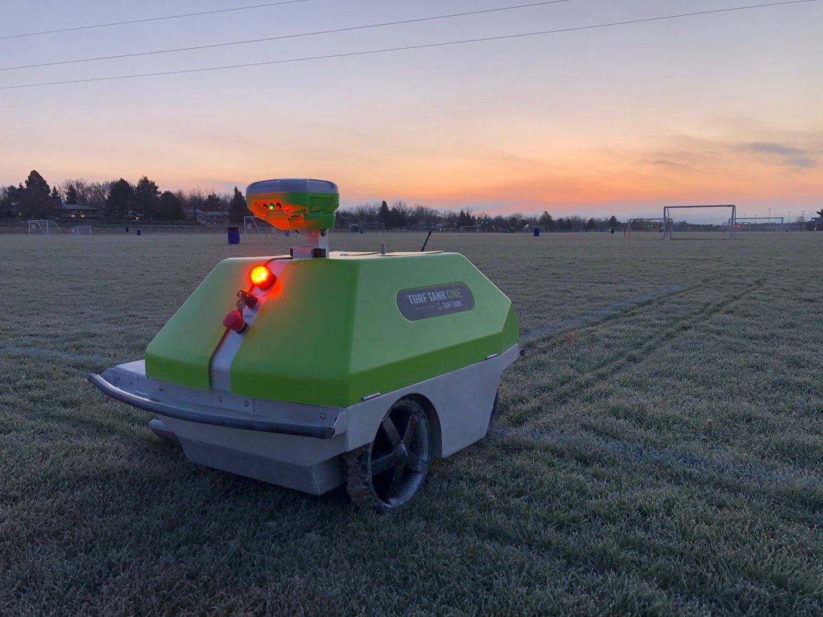 TurfTankUK's tweet image. As the sun sets, our Turf Tank robot is just getting started. Evening work has never looked so precise, ensuring your fields are ready for tomorrow's games. Under the golden hues of sunset, innovation and dedication shine bright! 🌅🤖 #EveningGrind #ReadyForGameDay
