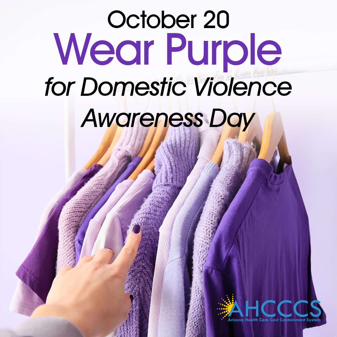 Today is #WearPurpleDay. AHCCCS is proud to stand with the victims and survivors of domestic violence to show solidarity, strength, and hope. Join us for #PurpleThursday to help raise awareness. Together, we can #EndDVinAZ. #WearPurpleDay #LightingAZPurple #DVAM2022