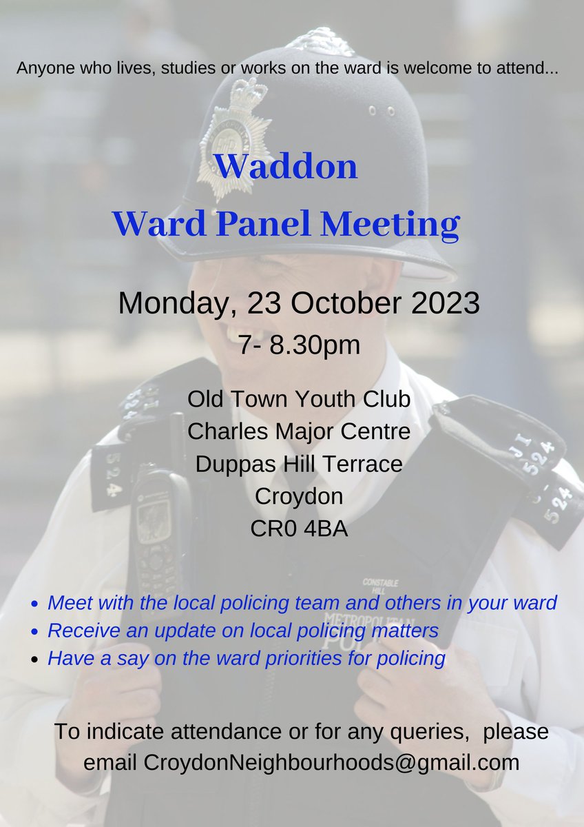 Live or work in Waddon ward? Why not attend the next police ward panel meeting on 23 Oct? croydoncc.wordpress.com/2023/10/17/liv… The #waddon team are now at @MPSSouthCroydon of Twitter