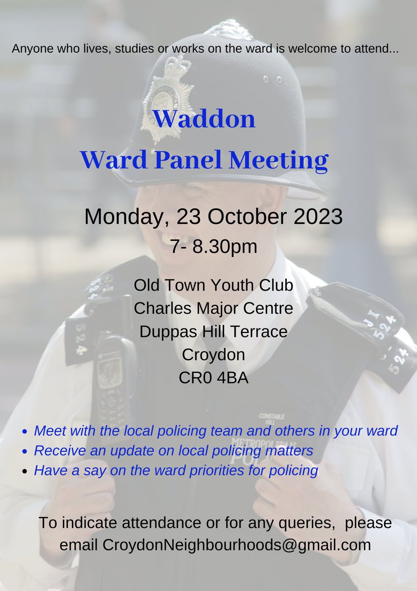 Live or work in Waddon ward? 
Why not attend the next police ward panel meeting on 23 Oct? croydoncc.wordpress.com/2023/10/17/liv… 

The #waddon team are now at <a href="/MPSSouthCroydon/">South Croydon Police</a> of Twitter