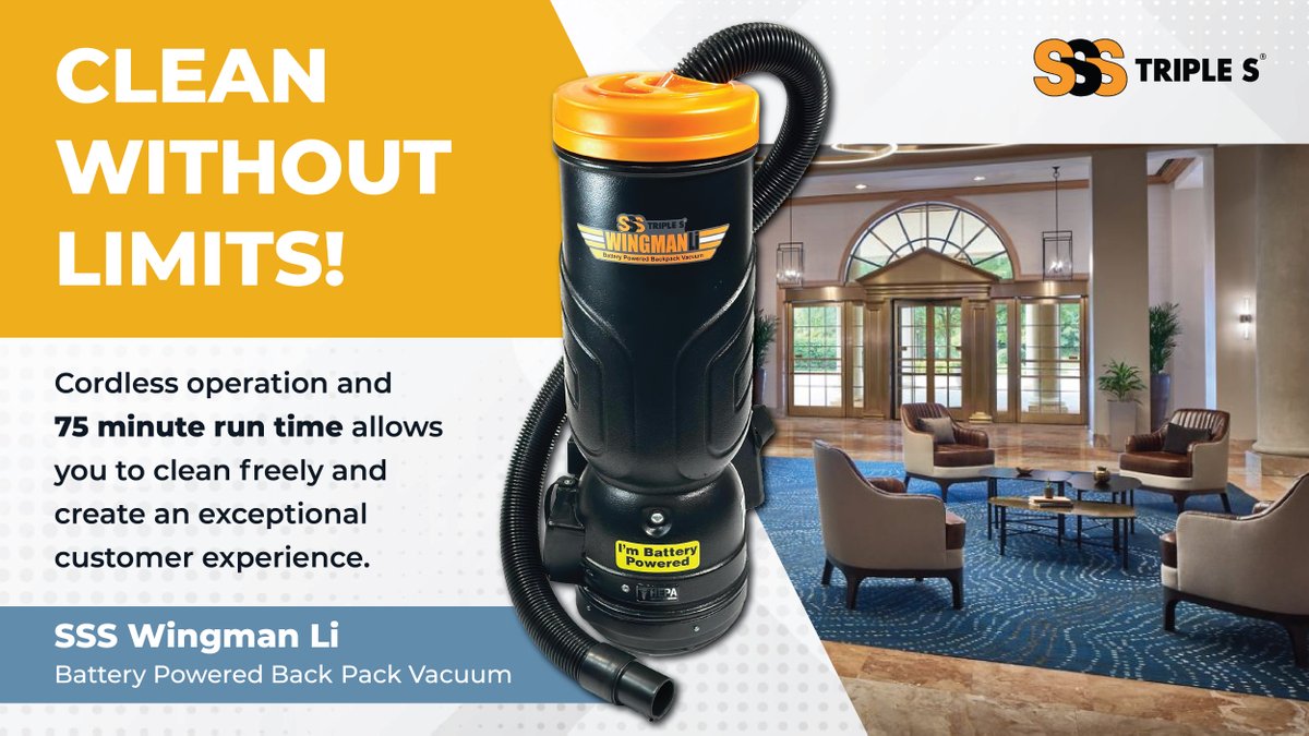 SSSTriple_S's tweet photo. Clean without limits with the SSS Wingman Li Cordless Back Pack Vacuum! Contact a local Triple S Member to learn how you can create an unparalleled customer experience for almost any industry: https://t.co/1d6wAFDrjz https://t.co/nYUfzzM2AZ