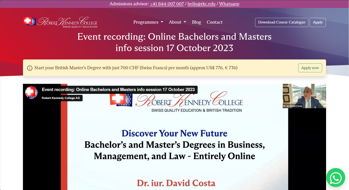 Did you miss the Live Zoom introductory session of our 100% online master's degree programmes conducted by our Dean earlier this week? No worries! Watch a recording of the session right here: rkc.swiss/17October2023R….

To chat with us LIVE on WhatsApp: rkc.edu/w?j=fbpagemt.