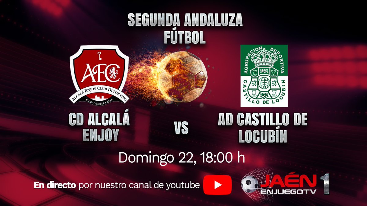 🚨RETRANSMISIÓN ‼

👉Y el gran derbi de la Sierra Sur también se podrá ver en JaenEnJuego ‼

⚽El domingo, a las 18:00 horas: <a href="/cdalcalaenjoy/">C.D. Alcalá Enjoy - Desguaces Autocoche</a> - <a href="/ADCastilloL/">A.D Castillo de Locubín</a> . Duelo entre equipos de localidades vecinas. ¡Partidazo!

Enlace: youtube.com/live/Ad4LY3zd4…