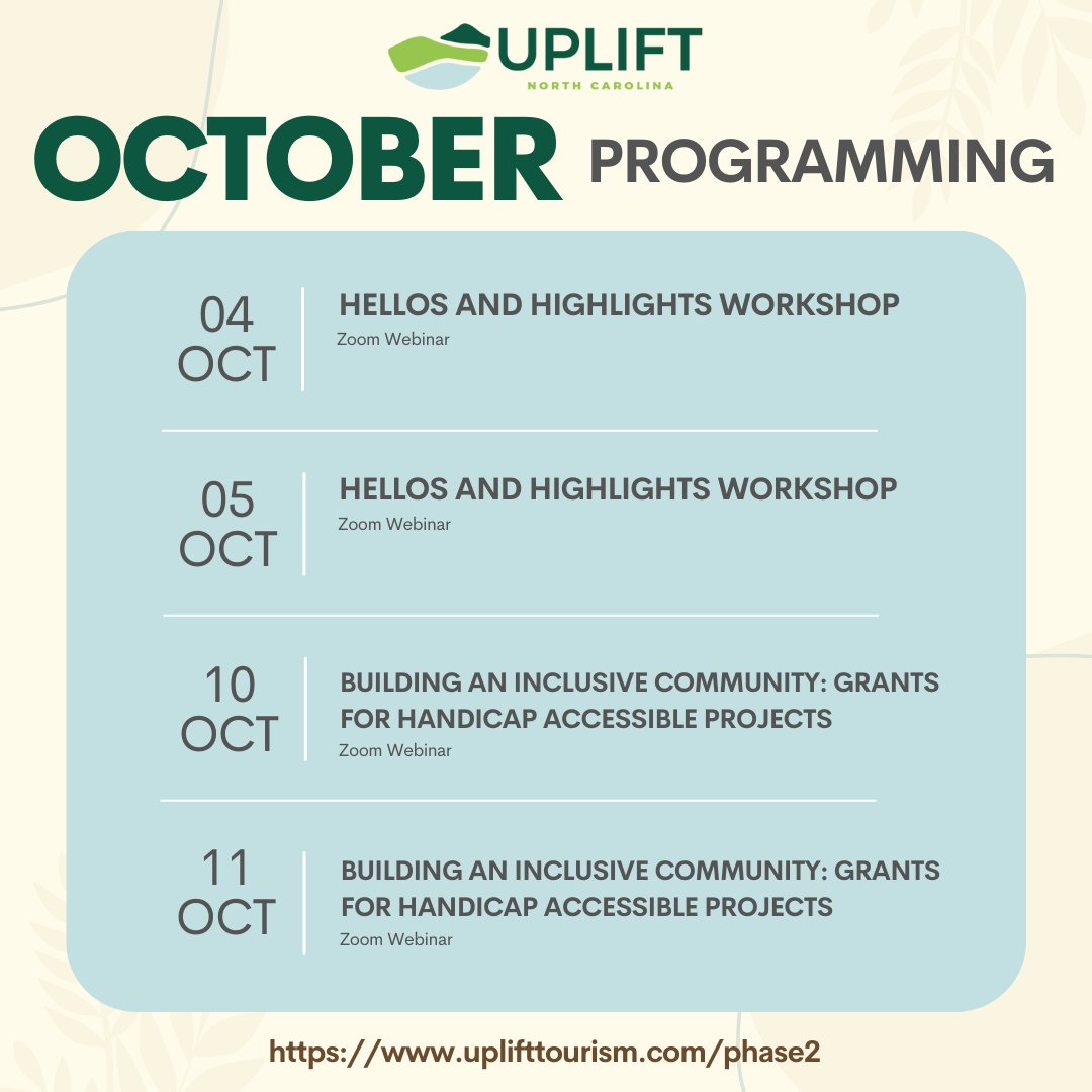 uplift_nc's tweet photo. We have some exciting programs coming your way. 
Check out our calendar and register for events here: https://t.co/4AFc2nGoS2

#upliftnc #octoberprogramming #upcomingevents #programcalendar https://t.co/NenoRIi4Zm
