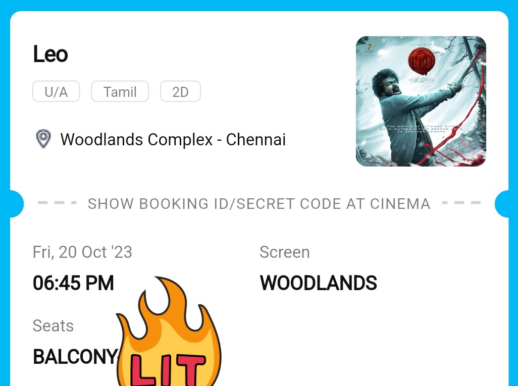 3 Tickets Balcony Available 
Woodlands Theatre

6:45PM Show 

DM ONLINE RATE 👍
#LeoTicketsHelp

#Leo #LeoMovie #LeoFilm #LeoIndustryHit #LeoBlockbuster  Bloody Sweet #BlockbusterLeo @ActorVijay #LeoTickets
#ThalapathyVijay #Thalapathy #Vijay #Lcu #LokeshCinematicUniverse