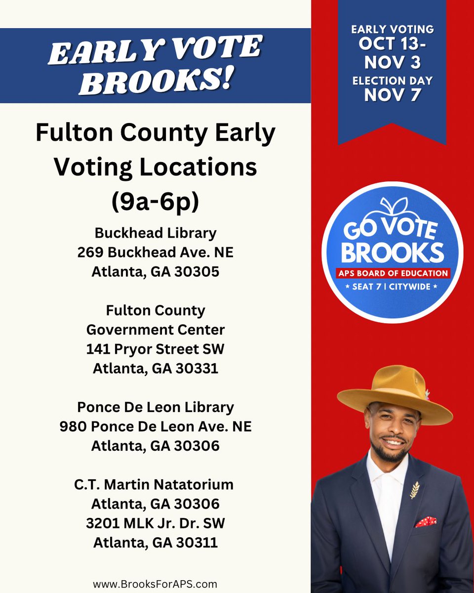 CallMeShivy's tweet photo. Early voting in Atlanta is open NOW! Get out and vote for Brooks TODAY!
Here are your early voting locations for City of Atlanta residents in Fulton and DeKalb Counties!
#BrooksForAPS #apsupdate #atlanta #fulton #dekalb https://t.co/k0pIggHBlZ