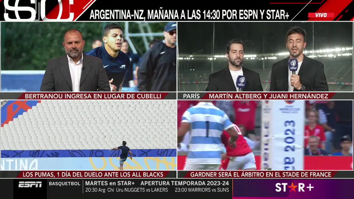 SportsCenter (@sc_espn) on Twitter photo ¡A UN DÍA DEL GRAN PARTIDO! Desde París, <a href="/MartaAltberg/">Martin Altberg</a> y <a href="/HERNANDEZJUANI/">Juan Martin Hernandez</a> nos traen a #SportsCenter las novedades de Los Pumas en las 24 horas previas al duelo ante los All Blacks por la semi de la #RWC2023.
📺 #ESPNenStarPlus ¡A UN DÍA DEL GRAN PARTIDO! Desde París, <a href="/MartaAltberg/">Martin Altberg</a> y <a href="/HERNANDEZJUANI/">Juan Martin Hernandez</a> nos traen a #SportsCenter las novedades de Los Pumas en las 24 horas previas al duelo ante los All Blacks por la semi de la #RWC2023.
📺 #ESPNenStarPlus