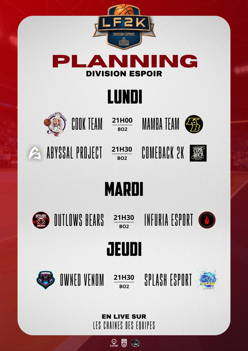 LF2K__'s tweet photo. 🔴| DIVISION ESPOIRS
Rendez-vous à 21H30 pour le dernier match de la première journée de la division ESPOIRS by la #LF2K x @SauceLigue 🔥
@OwnedVenom vs @Splash_esport
À suivre sur les chaînes des équipes 🫡
#NBA2K24 https://t.co/6YMgKRs02c