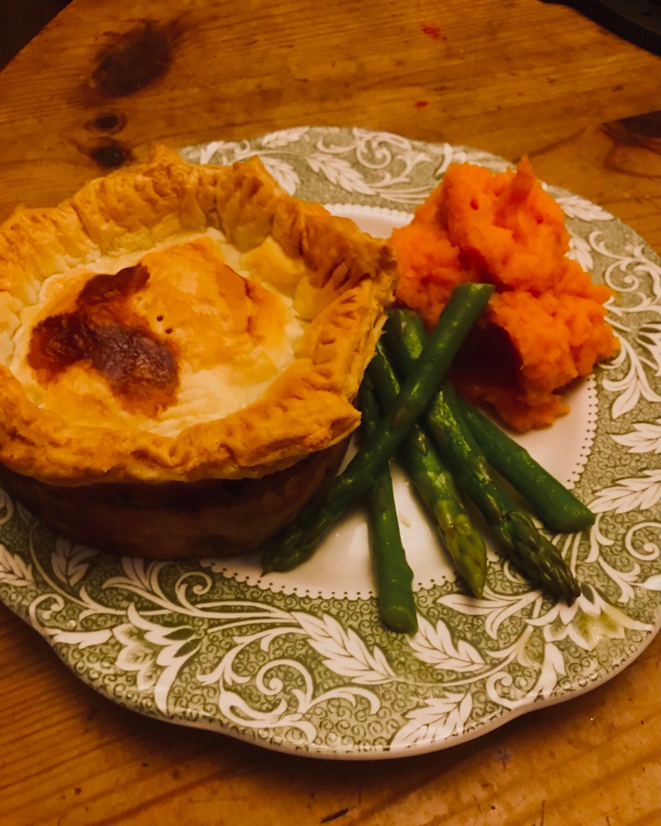 LovePie with Sweet Potato Mash and Buttered Asparagus.