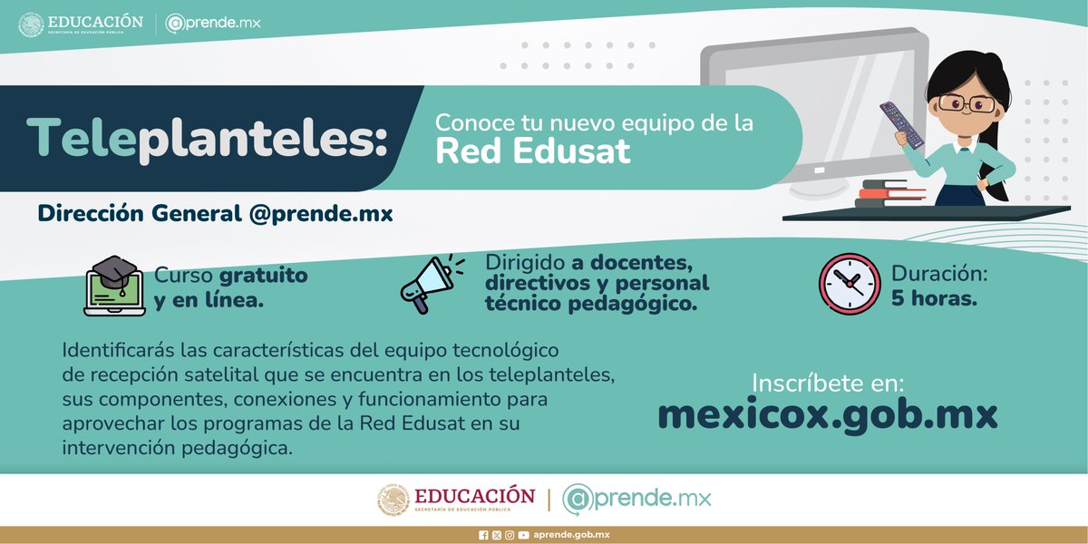 aprende_mx's tweet photo. 📢 ¡#CursoEnLínea disponible para #docentes!
Te invitamos a inscribirte a nuestro curso gratuito «Teleplanteles: Conoce tu nuevo equipo de la Red Edusat» donde aprenderás a manejar el equipo tecnológico que se encuentra en las #teleaulas. 📡📺🏫
👉 https://t.co/BhVW8jRmb5 https://t.co/wLjgg5xkPI