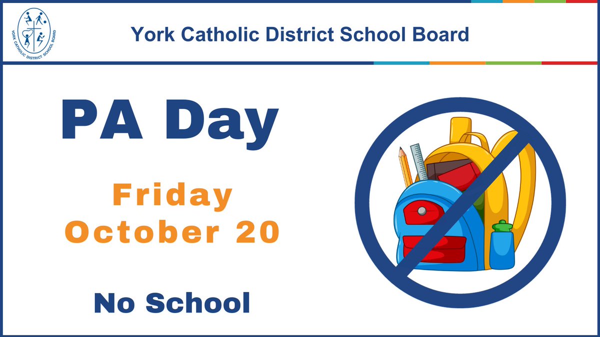 Happy Thursday Everyone! A reminder that  Friday, October 20, 2023 is a PA Day for all YCDSB elementary and secondary students. Be safe, enjoy your day and God bless!😊