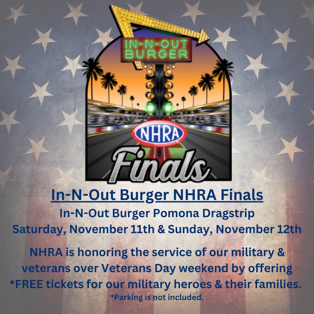 InfiniteHeroOrg's tweet image. NHRA is honoring the service of our military heroes at the In-N-Out Burger NHRA Finals on Veteran's Day weekend by offering FREE tickets to our military and veterans.
Follow the link to reserve your tickets: infinitehero.typeform.com/NHRAFINALS2023