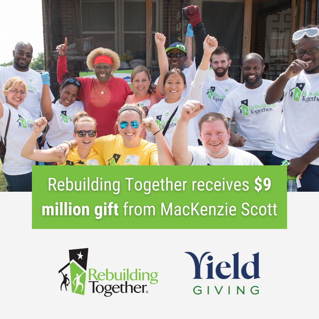 We are incredibly honored to announce a $9 million gift from author and philanthropist, @mackenziescott. We are grateful to have been chosen for this transformative gift through her philanthropic foundation, Yield Giving. rebuildingtogether.org/blog/rebuildin…