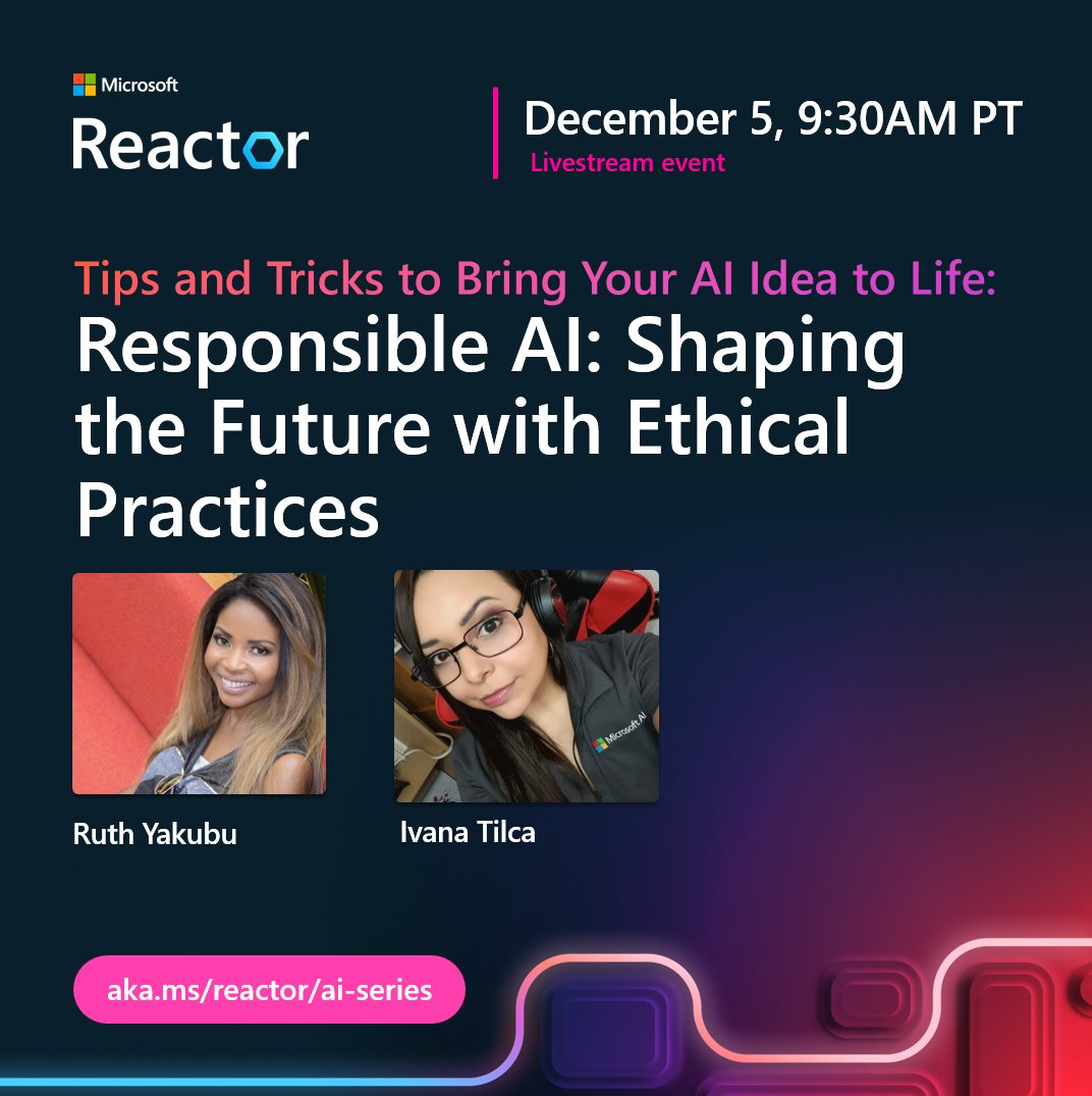 ivanatilca's tweet photo. Excited to be back and I've got some awesome news! 🌴💍
I'll be teaming up with the incredible
@ruthieyakubu 😎 to bring you an epic AI series! 🤖📚 @MSFTReactor
Join us here: #AIAdventures https://t.co/kLotPMNli0 🚀💻
#responsableai #ai #artificialintelligence https://t.co/HxFbb5XE2A