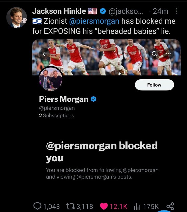 MacSeanMac1's tweet photo. @piersmorgan @jacksonhinkle he keeps blowing you out of the water zio 🤡 https://t.co/5rzgVQcBdN