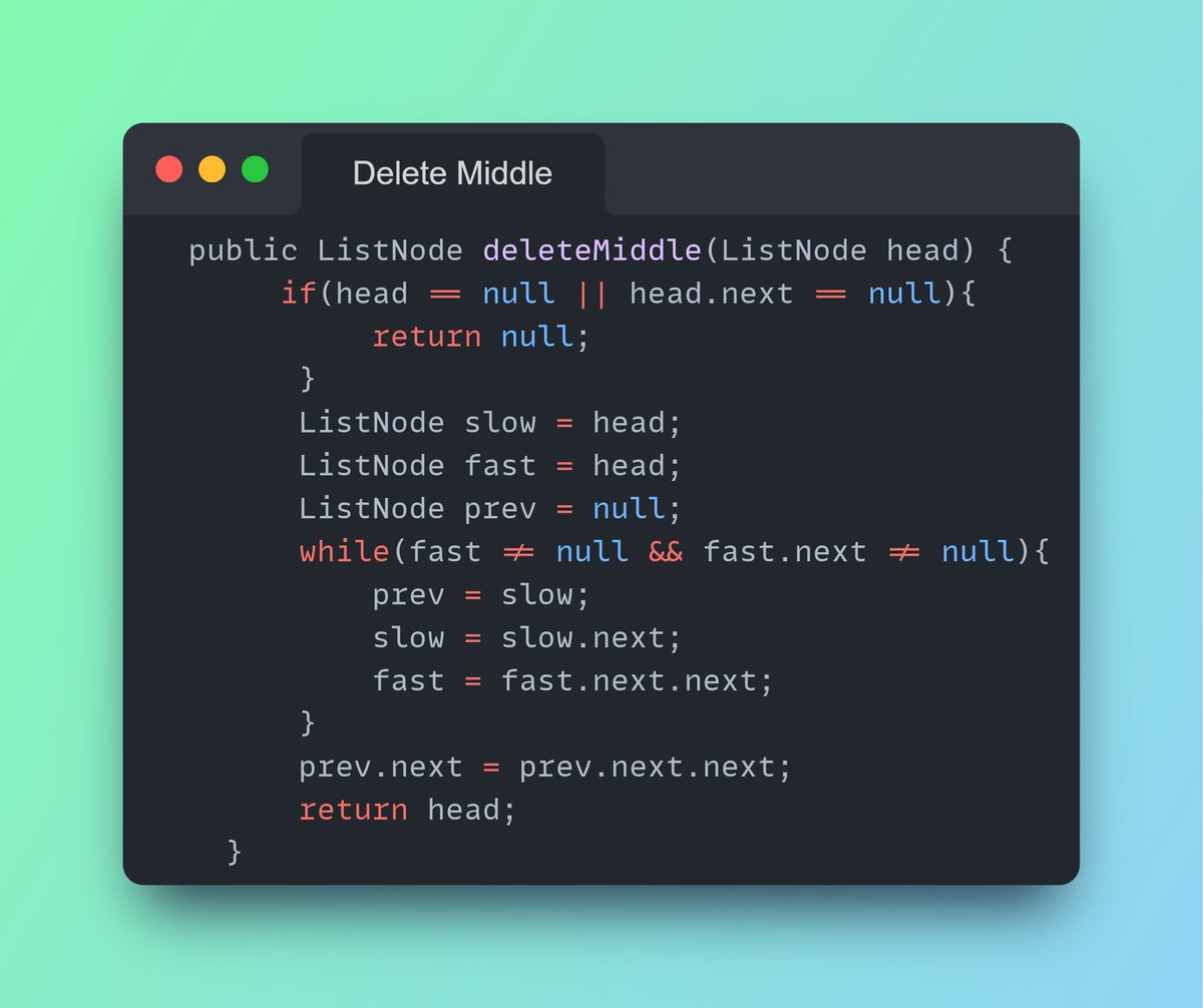 Imbhavaniprasad's tweet image. DSA #dailycodechallenge
#100 Delete the MIddle Node
Tip : Use slow & fast pointer , also track slow -1;
#DSAWithKunal #100daysofcoding #linkedlist #leetcode