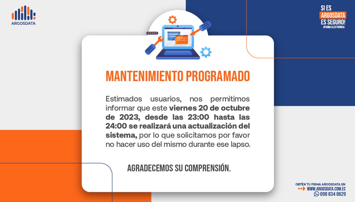 ArgosdataEcu's tweet photo. IMPORTANTE 🔴 Comunicamos a todos nuestros usuarios sobre el mantenimiento que realizaremos sobre nuestra plataforma, con el fin de brindarles un excelente servicio.
#firmaelectronica https://t.co/je5QWaMvgl