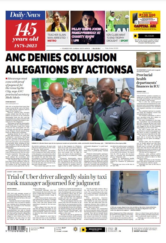 DailyNewsSA's tweet image. Our front page on October 20, 2023 #ActionSA #Ratepayers #eThekwiniMunicipality #Uber #Health