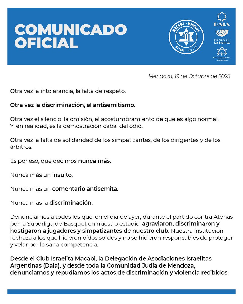 UlpianoSuarez's tweet photo. Repudiamos todo acto de discriminación y nos solidarizamos con la comunidad del Club Israelita Macabi. 

Vivimos en la Ciudad de la solidaridad y la convivencia, aquí no hay lugar para los violentos ni para este tipo de expresiones. 

Compartimos el comunicado del Club 👇 https://t.co/JbI7KBqsb2