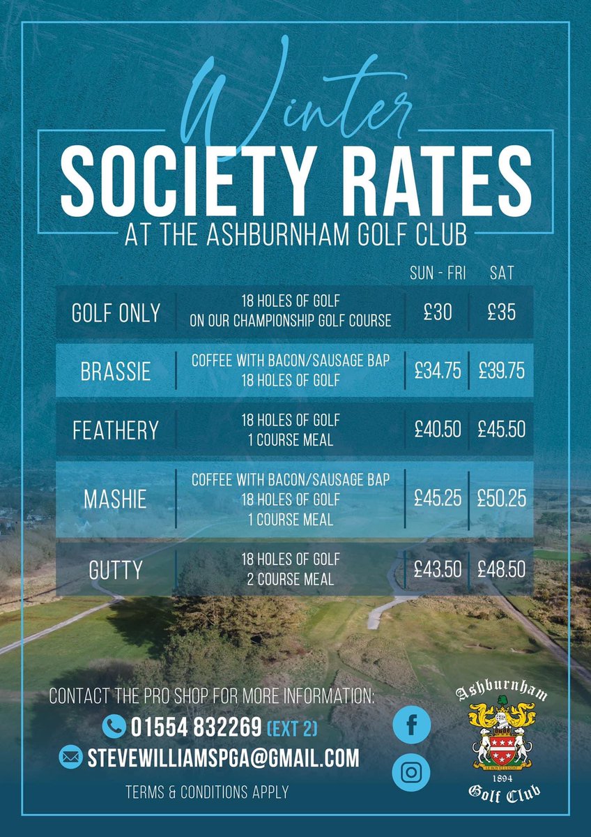 AshburnhamGolf's tweet photo. 🥶 WINTER SOCIETY RATES 🥶 

Looking for a dry golf course to host an away day this winer? 

Our Winter Society Packages for 2023/24 can be found below.

To book your society day with us, please contact our team 👇

☎️ 01554 832269 (opt 2)
📧 stevewilliamspga@gmail.com https://t.co/A9FRtD5LEX