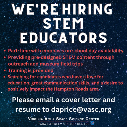 RickeyLRoss's tweet photo. We’re hiring STEM Educators.
Check out our website for more information.
https://t.co/zztKiayQhh
#stemeducators #VASSC #NASA #STEM https://t.co/eci64uU4IW