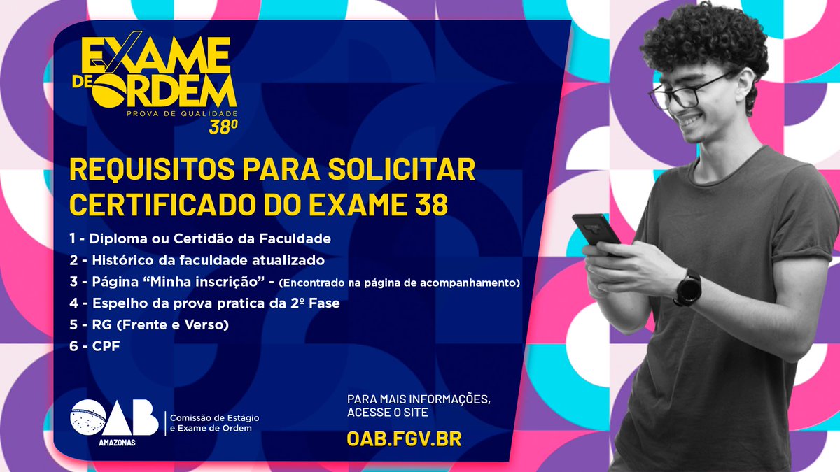 OAB_Amazonas's tweet photo. #ExameDeOrdem ⚖️ | Confira agora os requisitos essenciais para solicitar o certificado do  38° Exame da Ordem da OAB-AM.

Esteja atualizado com todos os documentos e informações mais recentes fornecidas pela OAB em relação aos procedimentos necessários.

#oabam https://t.co/NmqDAZFAAD