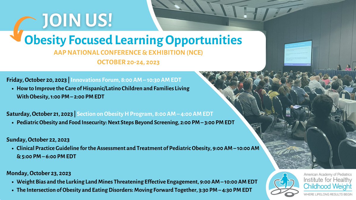AAPHealthyWt's tweet photo. Our national conference @AAPexperience starts tomorrow and we’re kicking it off with the Innovations in Obesity Prevention, Assessment, and Treatment Forum. See you soon! #AAP2023 https://t.co/npdCUzlKQD