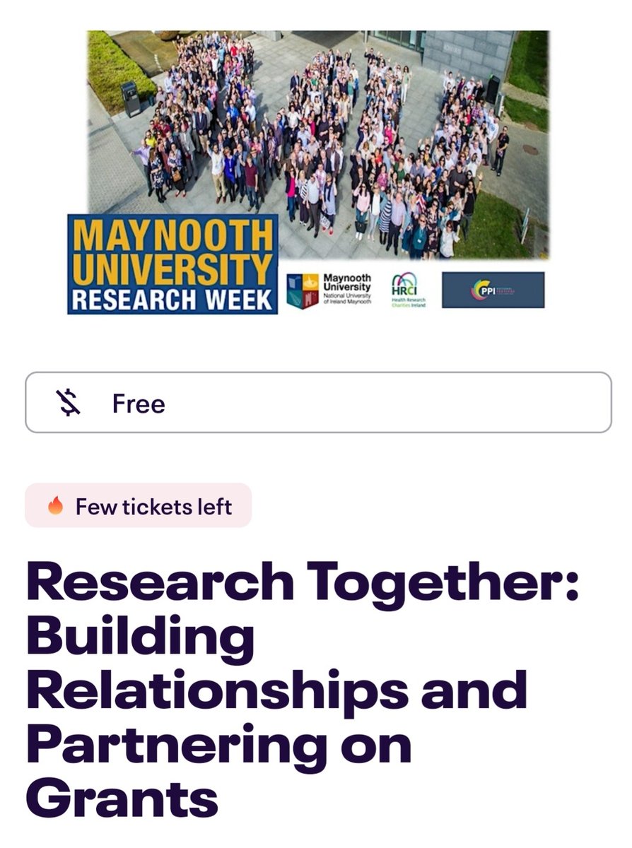 🗓Next Thurs Oct 26- few tickets left 🔗👇 Come join the conversation #MUresearch #PPIFestival23 ✨️Researchers,Charities,Civil Society orgs & the public coming together to discuss #researchneeds #meaningfulPPI #partnering #healthfunding @HRCIreland @Maynooth_PPI @MaynoothUni